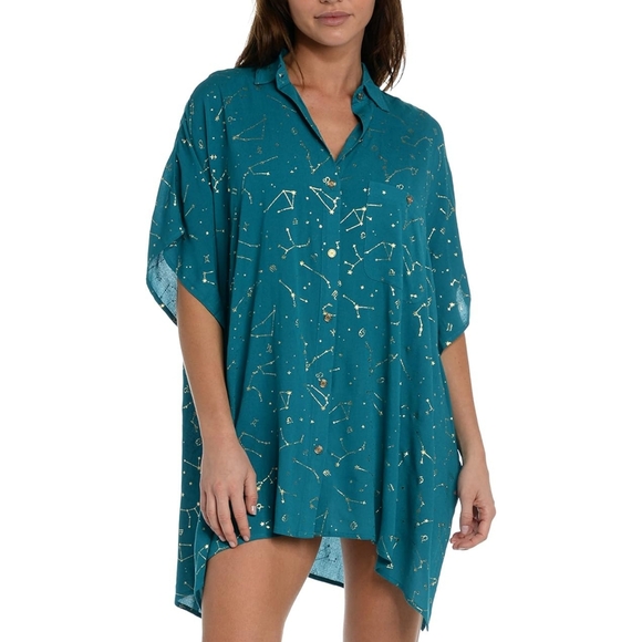 Sunshine 79 NEW Teal & Gold Constellation Print Swimsuit Cover-Up Top Size S - Picture 1 of 6